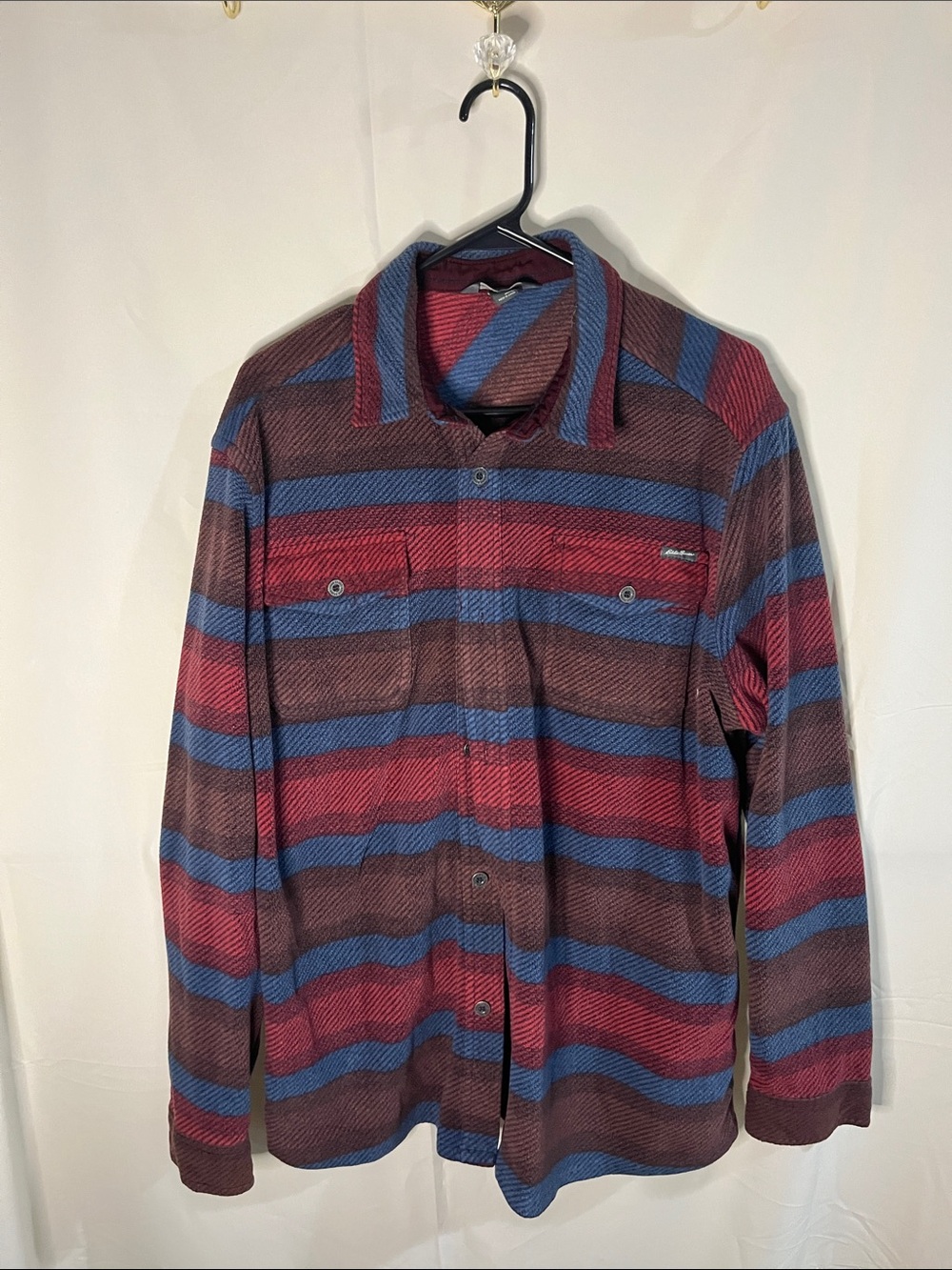 Eddie Bauer Red and Blue Striped Men’s Button-Up Sweater Shirt